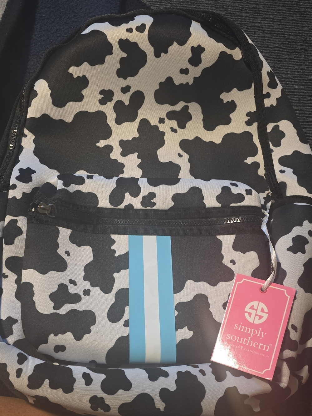 Simply Southern Black & White Cow Print Backpack with Blue Stripe Accent